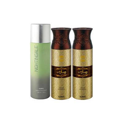 Ajmal 1 Nightingale And 2 Wisal Dhahab Deodorants Pack of 3 200 ml - Deodorants/Roll-Ons