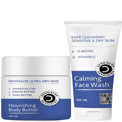 Dermistry Revitalize Ultra Dry Skin Nourishing Body Butter 100 ml + Safe Cleansing Sensitive & Dry Skin Calming Face Wash 100 ml - Face Wash & Cleansers