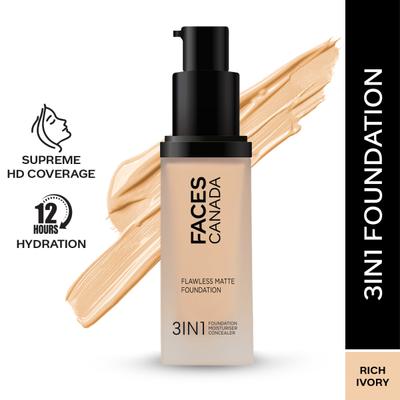 Faces Canada Flawless Matte Foundation - Rich Ivory 013, 12 Hr Hydration + SPF 18 30 ml - Foundation