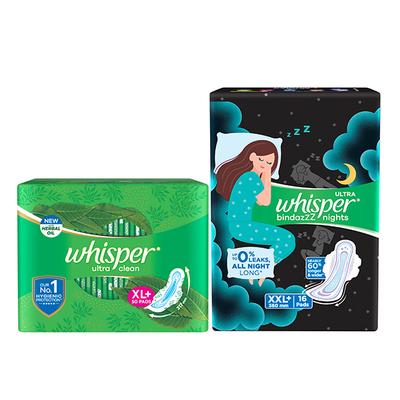 Whisper Ultra Clean Sanitary Pads For Women XL Napkins + Whisper Bindazzz Nights Sanitary Pads XXl Napkins 66's - Sanitary Napkins