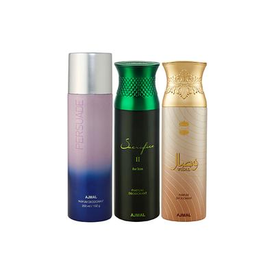 Ajmal 1 Persuade, 1 Ajmal Sacrifice II For Him And 1 Wisal Deodorants Pack of 3 200 ml - Deodorants/Roll-Ons