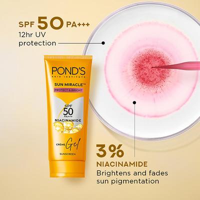 Pond's Sun Miracle SPF 50 PA+++ Creme Gel Sunscreen - Protect and Bright, with Niacinamide 12 gm - Face Sunscreen