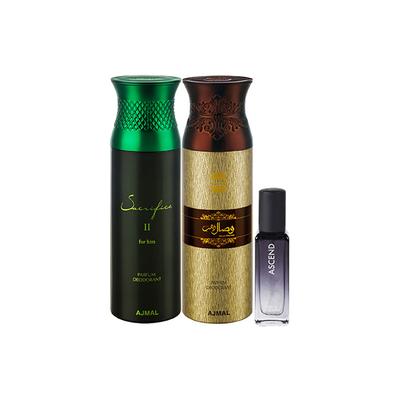 Ajmal Sacrifice Ll Him & Wisal Dhahab Deo & Ascend EDP Pack of 3 420 ml - Perfumes (Edt/Edp)