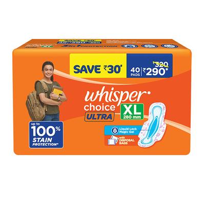 Whisper Choice Sanitary Pads with Wings for Women XL 40s Napkins 1's - Others