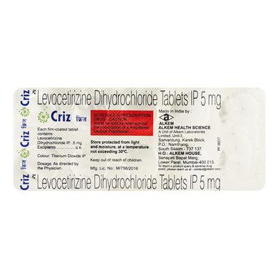 CRIZ 5mg Tablet 10's - Allergies-Ant