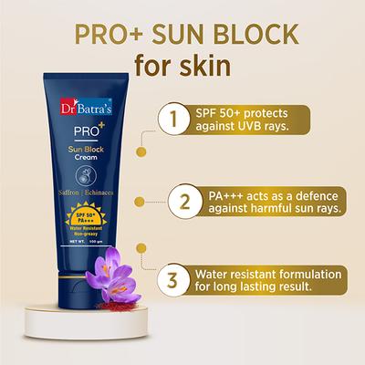 Dr Batras Pro+ Sun Block Cream for Sun Protection, Enriched with Saffron 100 gm - Face Sunscreen