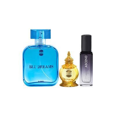 Ajmal Blu Dreams EDP And Mukhallat Al Wafa CP & Ascend EDP Pack of 3 20 ml - Women Perfumes (Edt/Edp)