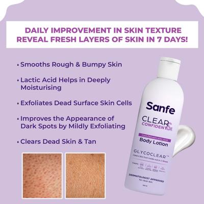 Sanfe Clear and Confident Glycolic Acid Body Lotion Daily AHA Lotion, Smooths Rough and Bumpy Skin 200 ml - Creams, Lotions & Oils