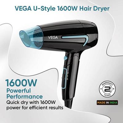 VEGA U-Style 1600 Foldable Hair Dryer For Men & Women With Cool Shot Button VHDH-24 Black 1 gm - Hair Dryers