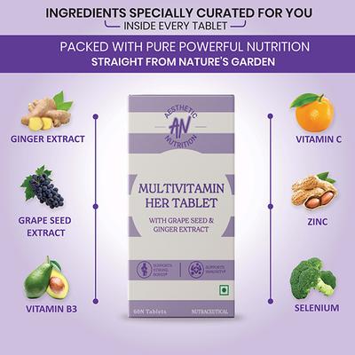 Aesthetic Nutrition Multivitamin Her With Grape Seed, Ginger Extract, Hyaluronic Acid, Vitamin B3, And B12 60 Tablets 1's - Multi-Vitamins