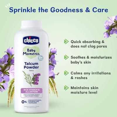 Chicco Baby Moments Talcum Powder (0+ Months) - Rice Starch & Allantoin 75 gm - Baby Oral Care