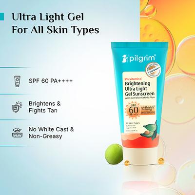 Pilgrim 5% Vitamin C Brightening Ultra Light Gel Sunscreen SPF 60 PA+++ with Australian Kakadu Plum 45 ml - Face Sunscreen