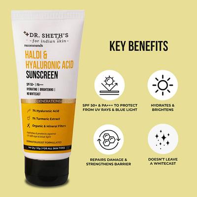 Dr. Sheth's Haldi and Hyaluronic Acid Sunscreen SPF 50+ PA+++ Hydrating Brightning No Whitecat 50gm - Face Sunscreen