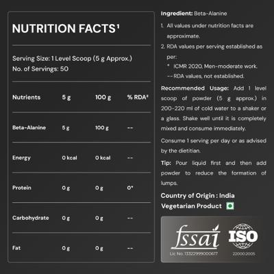 Nutrabay Pure Beta Alanine Amino Acid Powder - Unflavoured 250 gm - Amino Acids