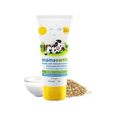 Mamaearth Milky Soft Mineral Based Sunscreen SPF 30 & PA+++ With Oats, Milk and Calendula for Babies - Made Safe Certified, Toxin Free 80 gm - Body Sunscreen
