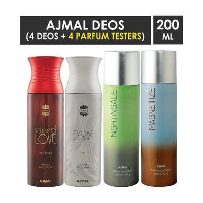 Ajmal 1 Sacred Love For Women, 1 Evoke Silver Edition For Him For Men, 1 Nightingale And 1 Magnetize For Men & Women High Quality Deodorants Combo (Pack Of 4) 800 ml - Perfumes (Edt/Edp)