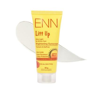 ENN Litt Up Ultra Light No White Cast Brightening Sunscreen Turmeric & Saffron SPF 50 PA+++ 50gm - Face Sunscreen
