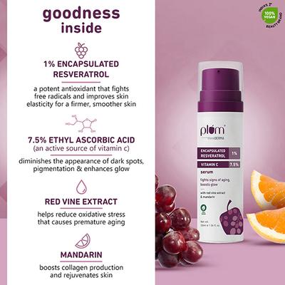 Plum Thinkderma 1% Encapsulated Resveratrol & 7.5% Vitamin C Face Serum Boosts Glow 30ml - Face Serum