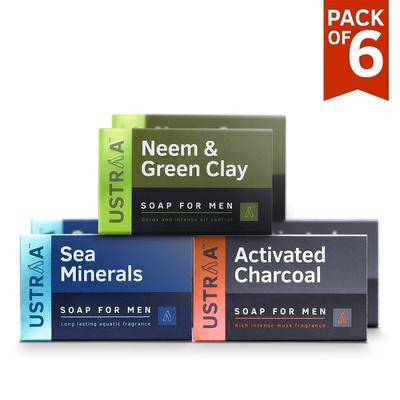 Ustraa Men's Deo Soap with Sea Minerals, Activated Charcoal and Neem & Green Clay (Pack of 6 x 100 gm) - Soaps