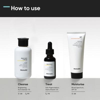 Minimalist Anti Pigmentation Kit with Alpha Lipoic + Glycolic 07% Cleanser, Alpha Arbutin 02% Serum and sunscreen SPF 50 180 gm - Body Sunscreen