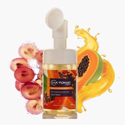 VIA TOKYO ORGANIC Grapeseed Oil & Papaya Foaming Face Wash with Brush, Anti - Blemish & Anti - Marks, No Sulphates, No Paraben 100 ml - Face Wash & Cleansers