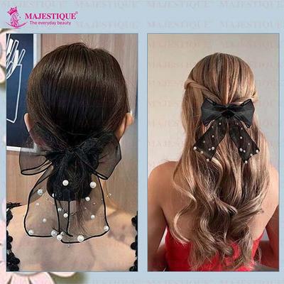 Majestique Pearl Bow Scrunchies Net Ponytail Holder, Rubber Band Hair Accessories Best Gift For Girls,Women - Black 1's - Hair Clips/Bands
