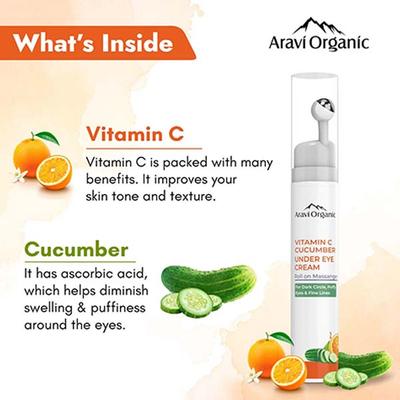 Aravi Organic Vitamin C and Cucumber Under Eye Cream Roll On For Dark Circles and Puffy Eyes 15 ml - Under Eye Creams & Serums