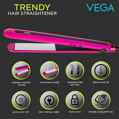 Vega Trendy Hair Straightener With Ceramic Coated Floating Plates (VHSH-16) Pink 1's - Straighteners