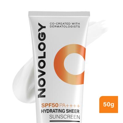 Novology SPF 50 PA++++ Hydrating Sheer Sunscreen, 4.5% Niacinamide for Dry Skin, No White Cast 50 gm - Body Sunscreen