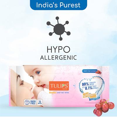 Tulips Sensitive Baby Wet Wipes Grape Fruit Extract Special Newborn formula Moisturizer 72's - Diapers & Wipes