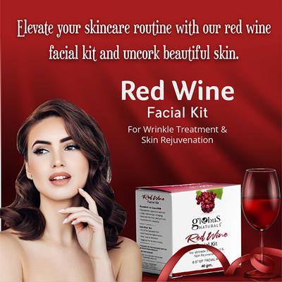 Globus Naturals Anti-Ageing Red Wine 6 Step Facial Kit, for Reducing Fine Lines & 40gm each 2's - Facial Kits