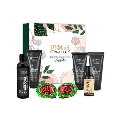Globus Naturals Charcoal Men Diwali Glow Gift Box Big Face Wash 100gm, Face Scrub 100gm, Peel Off Mask 100gm, Beard Oil 50ml, Body Wash 200ml 1's - Makeup Kits & Sets