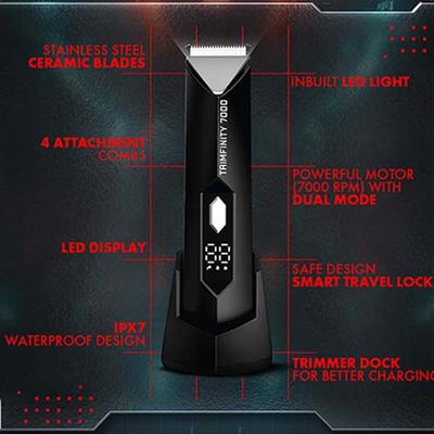 UrbanGabru Trimfinity 7000 Body Trimmer for Men, Safest Body & Ball Trimmer, Waterproof, Ceramic Blades, Cordless, Rechargeable, Wireless Fast Charging, Travel Lock 1's - Trimmers