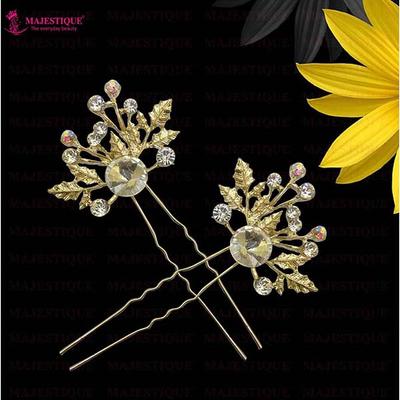 Majestique Flower Hair Clips Accessories Crystal Rhinestone Bridal Pin For Women, Girls 2's - Hair Clips/Bands