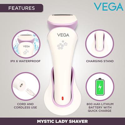 Vega Mystic Lady Shaver for Mins Runtime with Quick Charge, IPX 6 Waterproof and Cord and Cordless Use, (VHLS-02) 1's - Shaving & Hair Removal