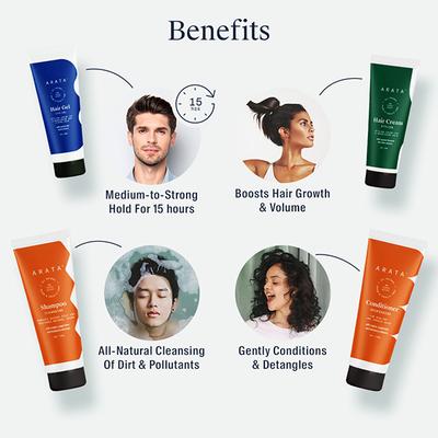 Arata Natural Hair Care Essentials With Cleansing Shampoo(75 Ml), Conditioner(75 Ml), Hair Gel(50 Ml) & Hair Cream(50 Ml) 250 ml - Shampoos