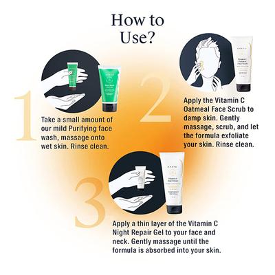 Arata Vitamin C Renew & Repair Combo With Purifying Face Wash (150 ML), Vitamin C Oatmeal Face Scrub (75 ML) & Vitamin C Night Repair Gel (50 ML) 275 ml - Face Washes