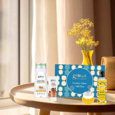 Globus Naturals Kesar Chandan Glow Infusion Kit, Box Includes - Honey Malai Lotion 200gm, Haldi Chandan Body Wash 100gm, Kesar Chandan Face Wash 75gm, Kesar Chandan Face Gel 100gm 1's - Creams, Lotions & Oils