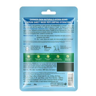Garnier Skin Naturals, Hydra Bomb, Serum Mask Replumping Pomegranate For Dry , Dehydrated Skin 28gm - Sheet Masks