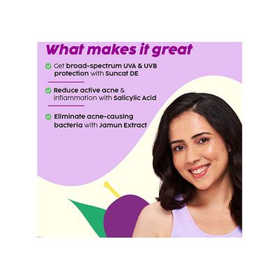 PLIX 0.1% Salicylic Acid Jamun Mattifying Lightweight Sunscreen SPF50+ PA+++, UVA, UVB Shield, Acne Reduction & Hydration for Women & Men, Suitable for All Skin Types 50 gm - Face Sunscreen