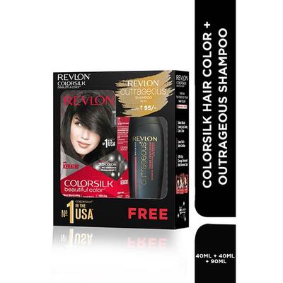 Revlon Colorsilk Hair Color with Keratin 3D Color No Ammonia- 1WN Soft Black 91.8ml + Outrageous Shampoo free 90ml 1's - Crème