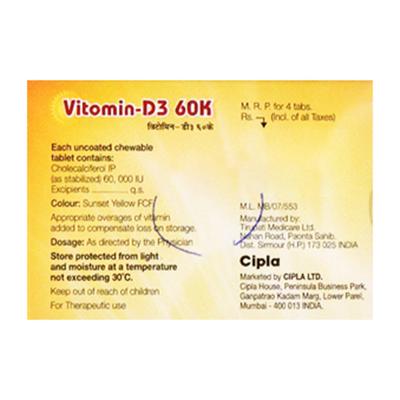 Vitomin D3 60K Sugar Free Orange Flavour Tablet 4'S - Supplements-Vit