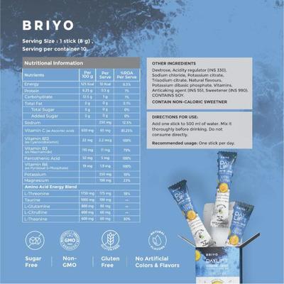 Briyo Daylift Hydration + Energy Electrolyte Drink Mix Sugar Free Sachets - Litro Lemon Flavour (Pack of 10 x 8 g) - Nutritional Supplement