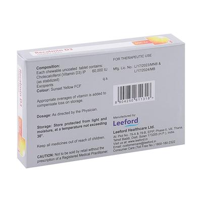 RECALMIN D3 60 K IU SUGAR FREE ORANGE FLAVOUR Chewable Tablet 4's - Supplements-Vam