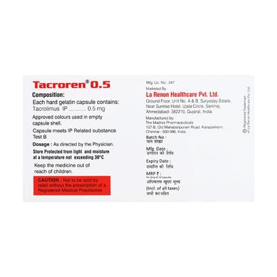 Tacroren 0.5mg Capsule 10'S - Immune Suppression