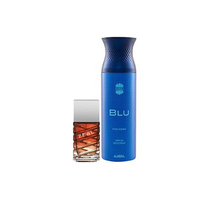 Ajmal Zeal EDP Aquatic Woody Perfume And Blu Homme Deodorant Aquatic Woody Fragrance 300 ml - Men Perfumes (Edt/Edp)