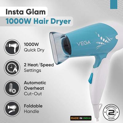 Vega Insta Glam Foldable 1000 Watts Hair Dryer for Men and Women with 2 Heat & Speed Settings, VHDH-29, (Made in india) 380 gm - Hair Dryers
