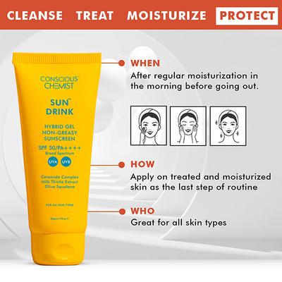 Conscious Chemist Sun Drink Ceramides Hybrid Gel Sunscreen SPF50 PA++++ With UVA/UVB & No White Cast 50gm - Face Sunscreen