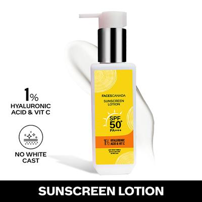 Faces Canada Sunscreen Lotion, SPF 50+ PA+++, Protects From Uva & UVB Rays, 1% Hyaluronic Acid & Vitamin C 100ml - Face Sunscreen
