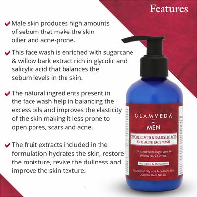 Glamveda Men Glycolic Acid and Salicylic Acid Anti Acne Face Wash 200 ml - Face Washes